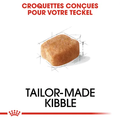 Croquettes conçues pour votre teckel. Texte en anglais : tailor-made kibble. Image d'une croquette individuelle.