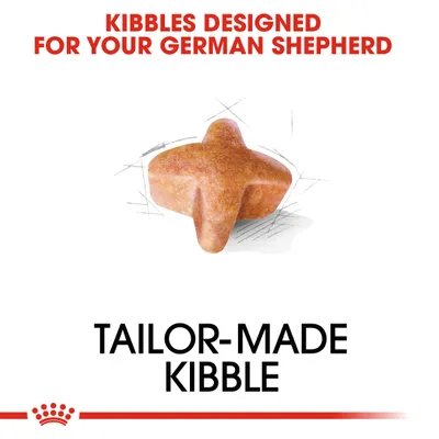 KIBBLES DESIGNED FOR YOUR GERMAN SHEPHERD, TAILOR-MADE KIBBLE. Εικόνα ξηράς τροφής σε σχήμα σταυρού. Το κείμενο είναι στα αγγλικά.
