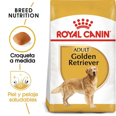 Saco de pienso Royal Canin Adult Golden Retriever. Texto visible: 'Croqueta a medida', 'Piel y pelaje saludables', 'Breed Nutrition'. Imagen de croqueta y perro Golden Retriever.