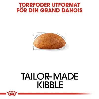 Text: Torrfoder utformat för din Grand Danois. Bild på ett torrfoderkorn. Text: Tailor-made kibble.