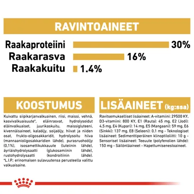 Ravintoaineet: raakaproteiini 30 %, raakarasva 16 %, raakakuitu 1,4 %. Koostumus ja lisäaineet lueteltu: mm. siipikarjanvalkuainen, riisi, maissi, vitamiinit, kivennäiset.
