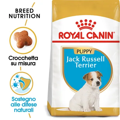 Royal Canin Puppy Jack Russell Terrier, crocchetta su misura, sostegno alle difese naturali. Immagine di un cucciolo e della forma della crocchetta sulla confezione.