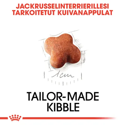 Jackrusselinterrierillesi tarkoitetut kuivanappulat, nappulan koko noin 1 cm. Teksti: TAILOR-MADE KIBBLE.