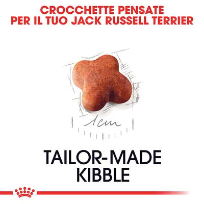 Crocchetta con testo: Crocchette pensate per il tuo Jack Russell Terrier, 1 cm, Tailor-made kibble. Testo in parte in inglese.