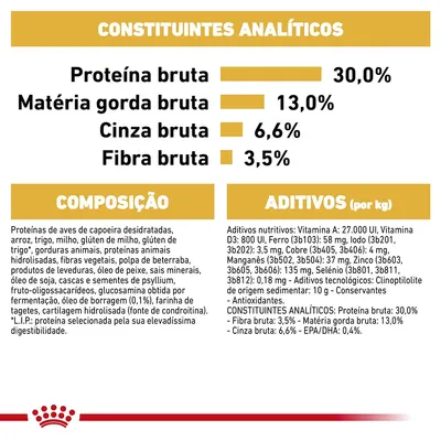 Constituintes analíticos: proteína bruta 30,0 %, matéria gorda bruta 13,0 %, cinza bruta 6,6 %, fibra bruta 3,5 %. Composição e aditivos detalhados visíveis na imagem.