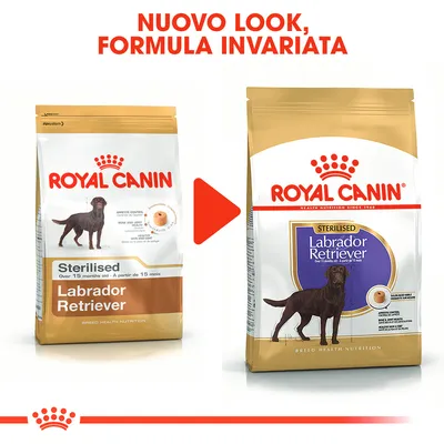 Confronto tra vecchio e nuovo packaging Royal Canin Sterilised Labrador Retriever, scritta in alto: 'Nuovo look, formula invariata'. Entrambi mostrano cane e crocchette.
