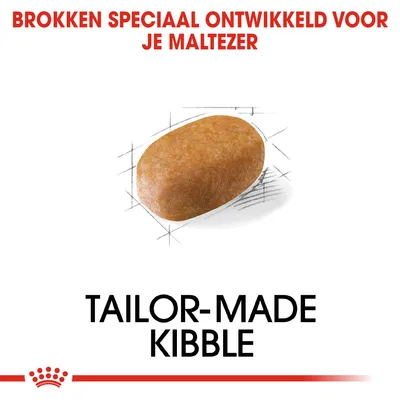 Brokken speciaal ontwikkeld voor je Maltezer. Tailor-made kibble. Afbeelding van een enkele brok hondenvoer.