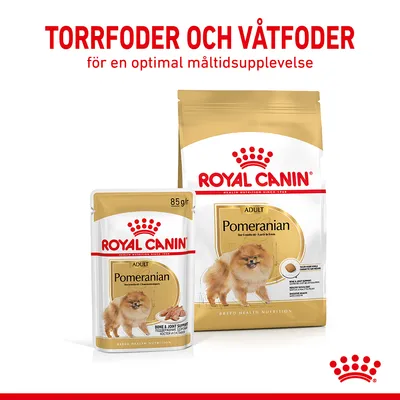 Royal Canin Adult Pomeranian torrfoder och våtfoder, förpackningar med bild på pomeranian. Text: Torrfoder och våtfoder för en optimal måltidsupplevelse.