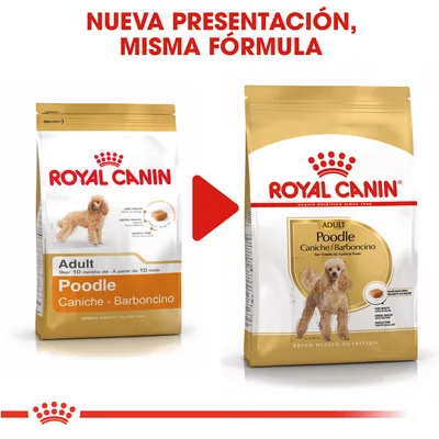 Comparación de envases de Royal Canin Adult Poodle Caniche/Barboncino con texto: 'Nueva presentación, misma fórmula'. Se muestra el cambio de diseño del paquete.