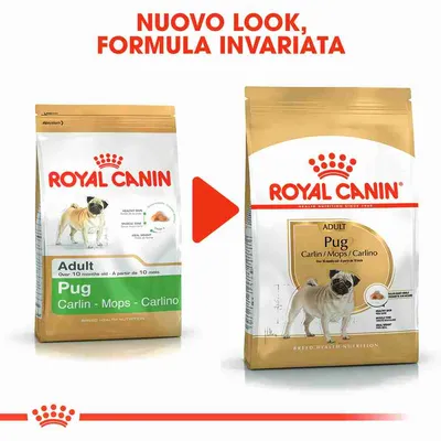 Confronto tra vecchio e nuovo packaging Royal Canin Adult Pug Carlin Mops Carlino, testo in alto: 'Nuovo look, formula invariata'.