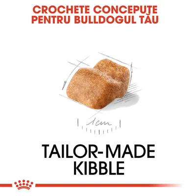 Text: Crochete concepute pentru bulldogul tău. Tailor-made kibble. Imagine cu o croșetă de hrană uscată și o schiță cu dimensiunea de 1 cm.