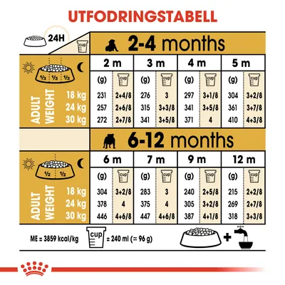Utfodringstabell för valpar 2–12 månader, vuxenvikt 18, 24, 30 kg. Anger daglig mängd i gram och koppar per månad. 1 kopp = 240 ml (≈96 g). ME: 3859 kcal/kg.