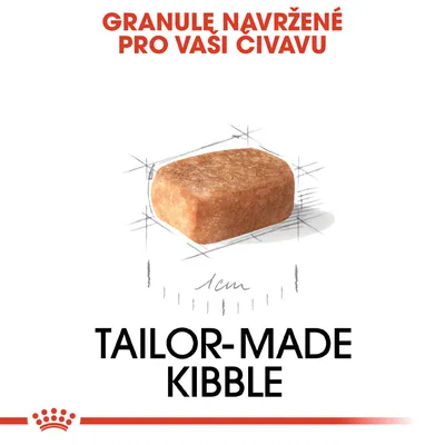 Granule navržené pro vaši čivavu, obrázek granule s rozměrem 1 cm, text: TAILOR-MADE KIBBLE