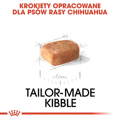 Krokiety opracowane dla psów rasy Chihuahua, ilustracja krokieta o wymiarze 1 cm, tekst: TAILOR-MADE KIBBLE.