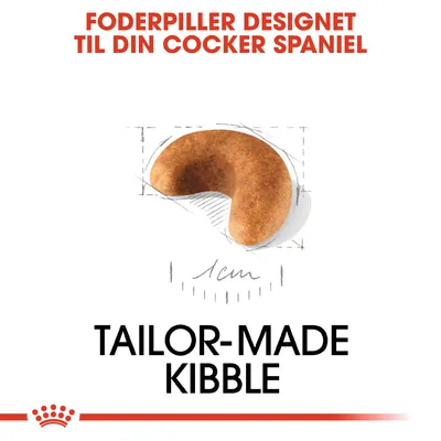 Foderpiller designet til din Cocker Spaniel, illustration af foderpille med mål 1 cm. Tekst: TAILOR-MADE KIBBLE.