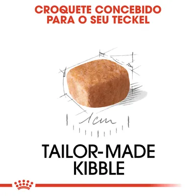 Croquete concebido para o seu Teckel. Tailor-made kibble. Ilustração de um croquete com indicação de 1 cm.
