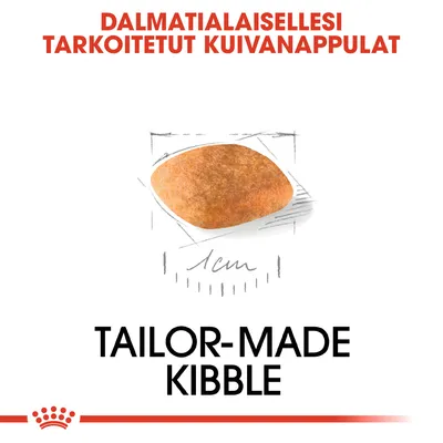 Dalmatialaisellesi tarkoitetut kuivanappulat, nappulan koko noin 1 cm. Teksti: TAILOR-MADE KIBBLE.