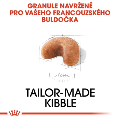 Granule navržené pro vašeho francouzského buldočka, obrázek granule s měřítkem 1 cm, text: TAILOR-MADE KIBBLE