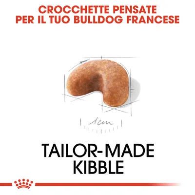 CROCCHETTE PENSATE PER IL TUO BULLDOG FRANCESE, crocchetta sagomata con misura 1 cm, testo: TAILOR-MADE KIBBLE.