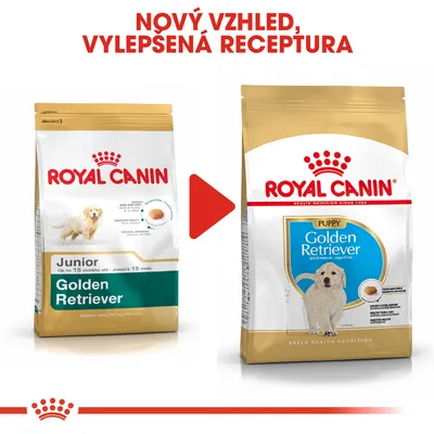 Porovnání starého a nového balení krmiva Royal Canin Golden Retriever Junior/Puppy s textem: Nový vzhled, vylepšená receptura.