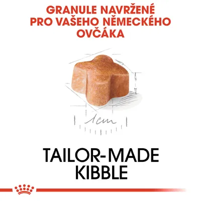 Granule navržené pro vašeho německého ovčáka, obrázek granule s měřítkem 1 cm, text: TAILOR-MADE KIBBLE