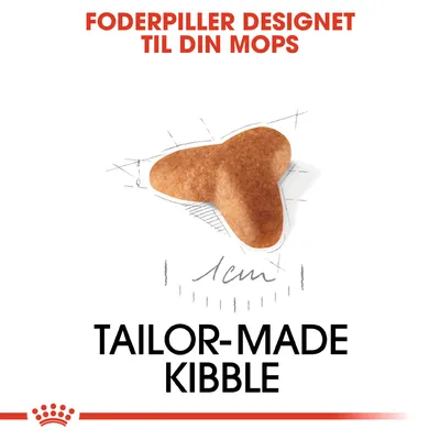 Foderpiller designet til din mops. Tailor-made kibble. Billede af en foderpille med målestreg 1 cm.