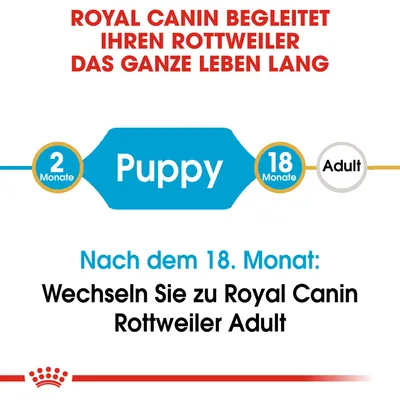Royal Canin begleitet Ihren Rottweiler das ganze Leben lang. Nach dem 18. Monat: Wechseln Sie zu Royal Canin Rottweiler Adult. Puppy bis 18 Monate, Adult ab 18 Monate.