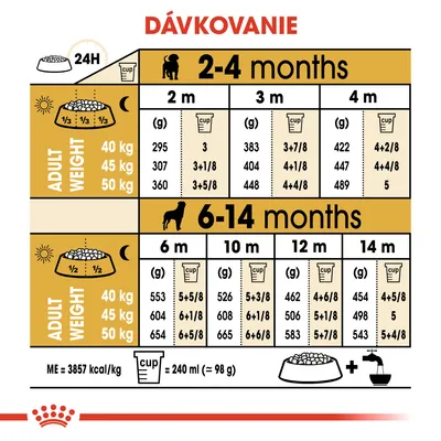 Tabuľka dávkovania krmiva podľa veku psa (2–14 mesiacov) a hmotnosti v dospelosti (40, 45, 50 kg), uvedené gramy a odmerky na deň. 1 odmerka = 240 ml (≈98 g).