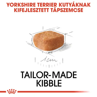 Yorkshire terrier kutyáknak kifejlesztett tápszemcse, 1 cm méretjelöléssel. Tailor-made kibble felirat angolul.