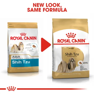 Royal Canin Shih Tzu Adult -koiranruoan pakkausuudistus: vasemmalla vanha, oikealla uusi pakkaus. Teksti ylhäällä: NEW LOOK, SAME FORMULA.