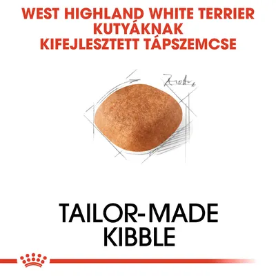 West Highland White Terrier kutyáknak kifejlesztett tápszemcse. Tailor-made kibble felirat, egy darab tápszemcse rajzzal.