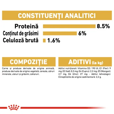 Constituenți analitici: proteină 8,5 %, grăsimi 6 %, celuloză brută 1,6 %. Compoziție: carne, produse animale și vegetale, cereale, săruri minerale, uleiuri, grăsimi, zaharuri. Aditivi nutriționali listați.