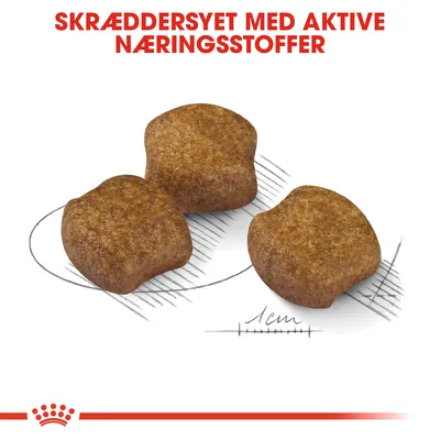 Tre foderpiller med tekst: SKRÆDDERSYET MED AKTIVE NÆRINGSSTOFFER. Skitse med målestreg viser 1 cm for størrelsesreference.