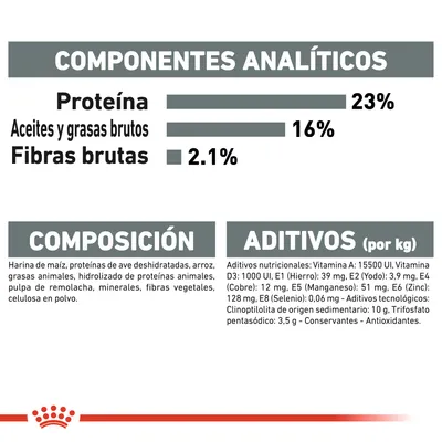 Componentes analíticos: proteína 23 %, aceites y grasas brutos 16 %, fibras brutas 2,1 %. Composición: harina de maíz, proteínas de ave deshidratadas, arroz, grasas animales, aditivos nutricionales.