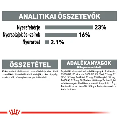 Analitikai összetevők: nyersfehérje 23%, nyersolajok és -zsírok 16%, nyersrost 2,1%. Összetevők: kukoricaliszt, baromfifehérje, rizs stb. Adalékanyagok: vitaminok, ásványi anyagok.