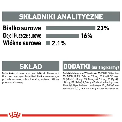 Analiza: białko surowe 23 %, oleje i tłuszcze surowe 16 %, włókno surowe 2,1 %. Skład: mąka kukurydziana, białko drobiowe, ryż, tłuszcze zwierzęce, pulpa buraczana, minerały. Dodatki: witaminy, minerały.
