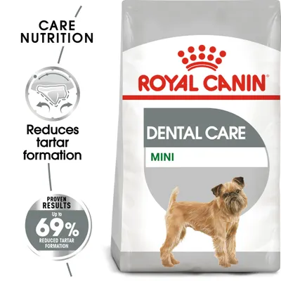 Упаковка Royal Canin Dental Care Mini с изображением собаки. Видны надписи: Care Nutrition, Reduces tartar formation, Proven results up to 69% reduced tartar formation.