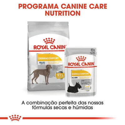 ROYAL CANIN Dermacomfort MAXI e ALL SIZES, fórmulas seca e húmida para cães. Texto: Programa Canine Care Nutrition. 91 % de satisfação. Embalagens com imagens de cães.