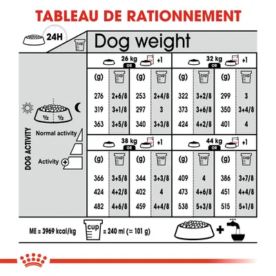 Tableau de rationnement pour chiens : quantités journalières en grammes et tasses selon poids (26, 32, 38, 44 kg) et niveau d’activité. 1 tasse = 240 ml (≈101 g).