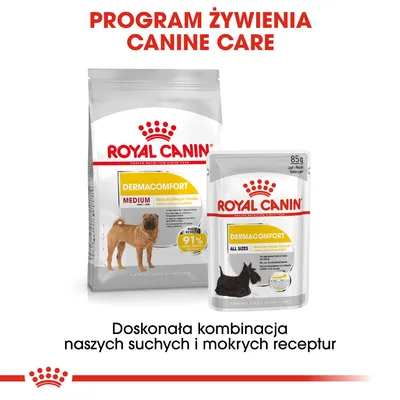 Royal Canin Dermacomfort Medium karma sucha i mokra, opakowania z widocznymi psami. Napis: Program żywienia Canine Care. Doskonała kombinacja naszych suchych i mokrych receptur.