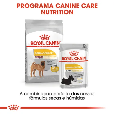 Royal Canin Dermacomfort Medium ração seca e Dermacomfort All Sizes alimento húmido, embalagem de 85 g. Texto: Programa Canine Care Nutrition. Combinação perfeita de fórmulas secas e húmidas.