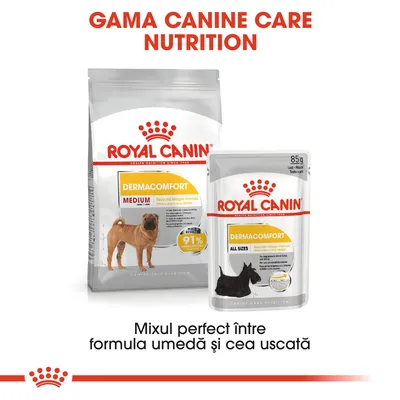 Pachet hrană Royal Canin Dermacomfort Medium și plic umed Dermacomfort All Sizes, text vizibil: Gama Canine Care Nutrition, mixul perfect între formula umedă și cea uscată.
