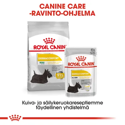 Royal Canin Dermacomfort MINI ja ALL SIZES koiranruokapakkaus, näkyvissä teksti: CANINE CARE -RAVINTO-OHJELMA. Kuiva- ja säilykeruoka, 85 g annospussi.