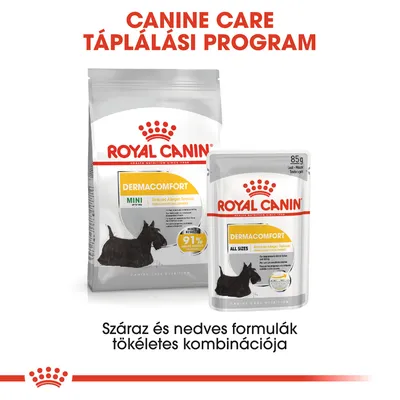 Royal Canin Dermacomfort MINI száraz táp és Dermacomfort ALL SIZES 85 g nedves eledel csomagolás, felirat: Száraz és nedves formulák tökéletes kombinációja