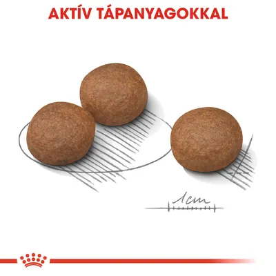 Három kerek táp szemcsék, alul 1 cm-es méretjelöléssel. Felül piros szöveg: AKTÍV TÁPANYAGOKKAL.