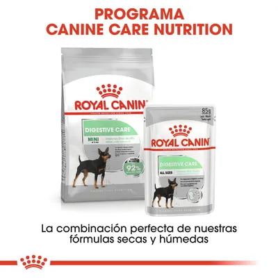 ROYAL CANIN DIGESTIVE CARE MINI y ALL SIZES, programa Canine Care Nutrition. La combinación perfecta de nuestras fórmulas secas y húmedas. Paquete de pienso y sobre de 85 g visibles.