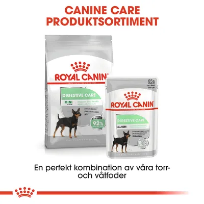 Royal Canin Digestive Care Mini torrfoder och Digestive Care All Sizes våtfoder, 85 g. Text: Canine Care produktsortiment. En perfekt kombination av våra torr- och våtfoder.