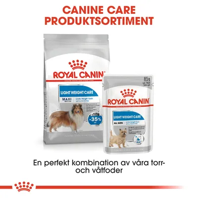 Royal Canin Light Weight Care torrfoder och våtfoder för hund, text: Canine Care produktsortiment. En perfekt kombination av våra torr- och våtfoder.