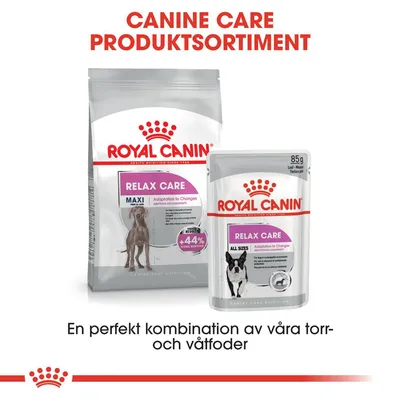 Royal Canin Relax Care torrfoder och våtfoder för hund, text: Canine Care produktsortiment. En perfekt kombination av våra torr- och våtfoder.