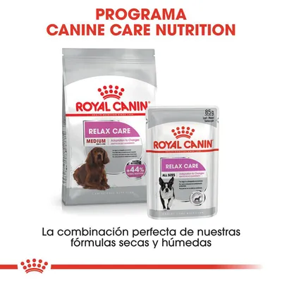 Royal Canin Relax Care Medium pienso seco y Relax Care All Sizes comida húmeda, texto: Programa Canine Care Nutrition. La combinación perfecta de nuestras fórmulas secas y húmedas.
